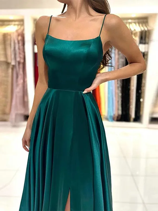 A-Linie Spaghetti Träger Bodenlang Satin Ballkleid