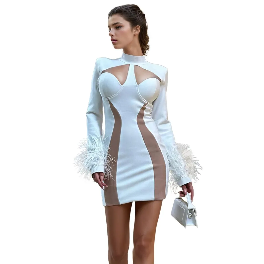 Avantgardistisches Kleid mit transparenten Einsätzen und Federärmeln