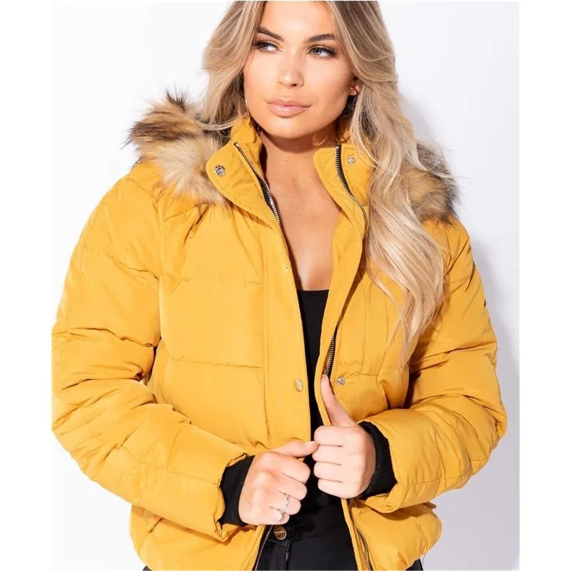 Damen Winter Steppjacke mit Kapuze und Kunstfell Senf