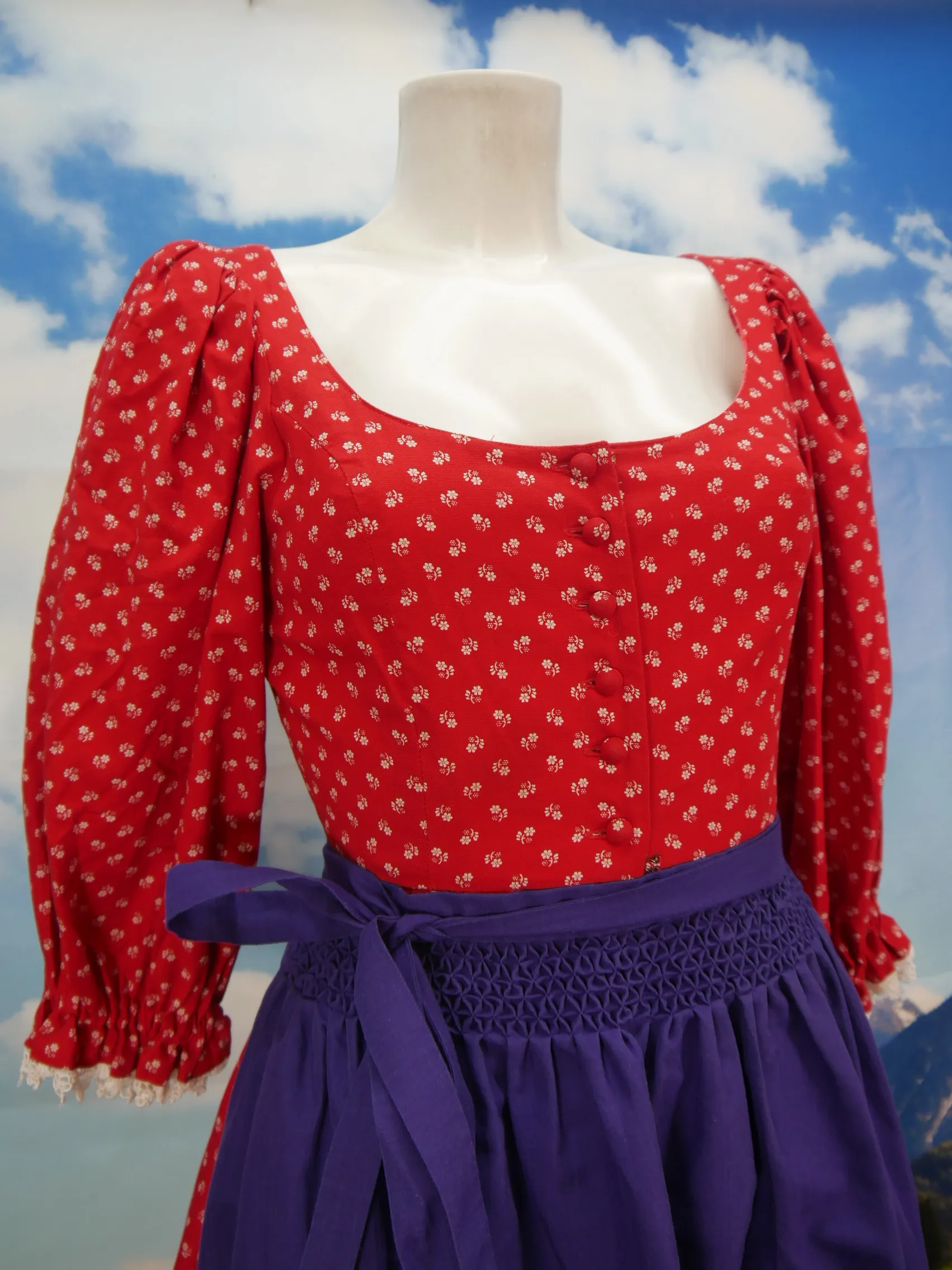 Herrlich 60er Jahre rot Handgenäht Vintage fesches Dirndl mit Schürze Gr.36