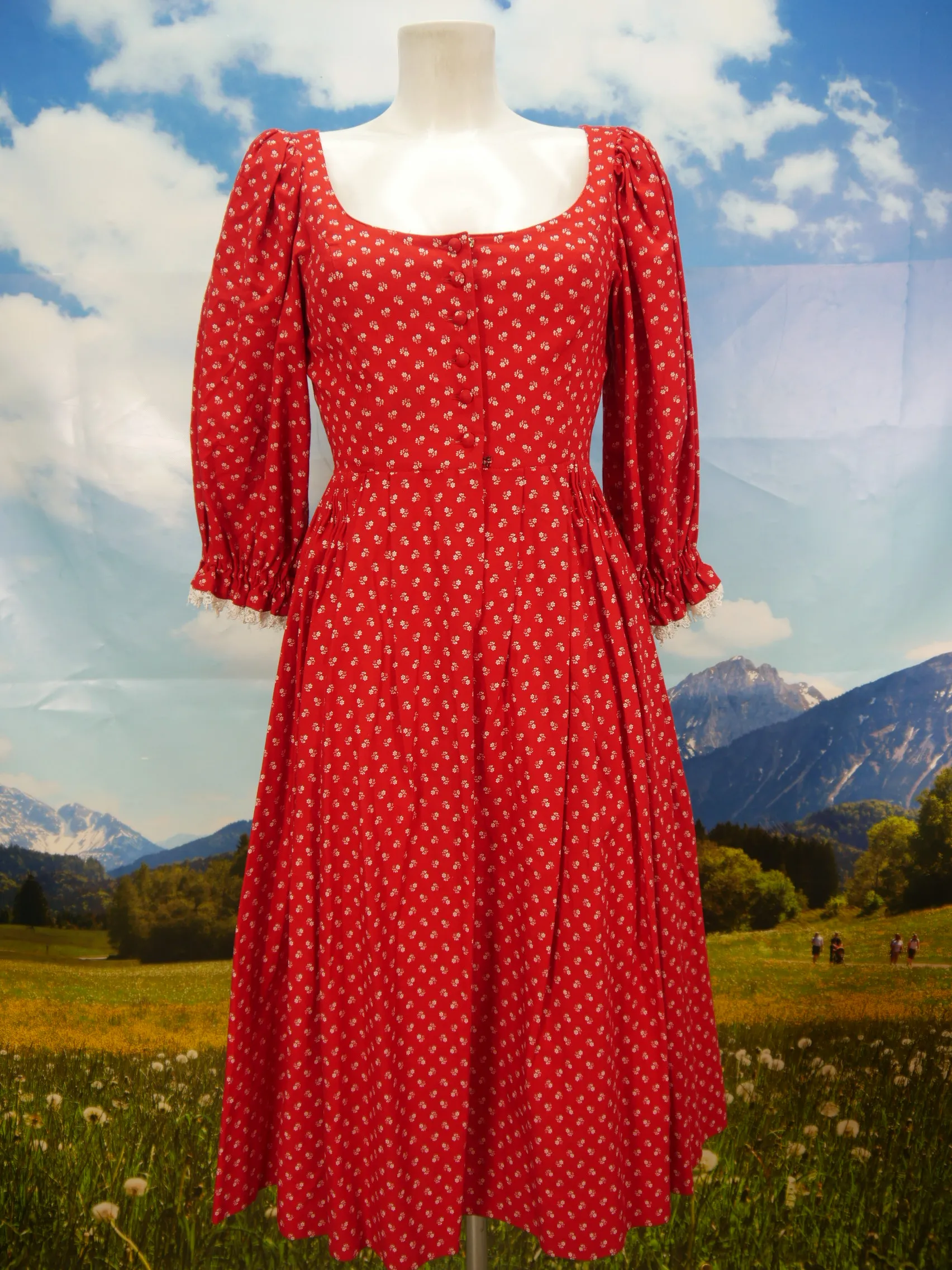 Herrlich 60er Jahre rot Handgenäht Vintage fesches Dirndl mit Schürze Gr.36