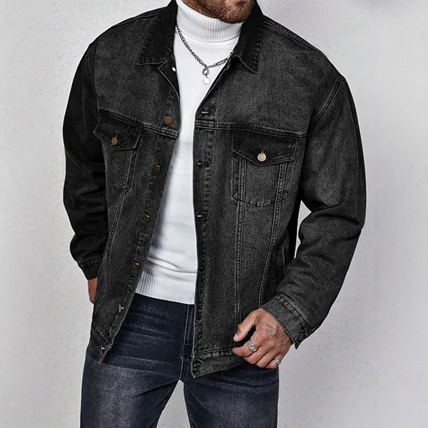 Modische Herren-Jeansjacke mit Stehkragen und altgewaschener Optik, langärmlig